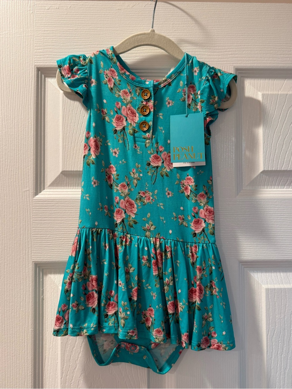 NWT Posh Peanut Twirl Bodysuit Dress - Teal with Pink Roses